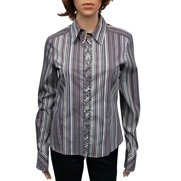 Elie Tahari Blouse Ruffled Front Cuffs S Button down Purple Multicolor Striped - Picture 2 of 12